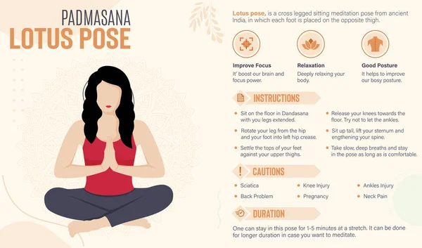 Lotus Pose Guide Benefits Yoga Poses Vector Illustration — Vetor de Stock