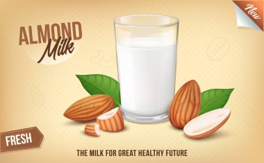 Yarım parça badem, yeşil yapraklar ve kahverengi arkaplanda badem sütü ile badem fıstığı.