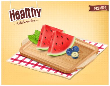 Karpuz _ 15Karpuz parçaları vektör çizimi ahşap doğrama tahtasında yabanmersini ile