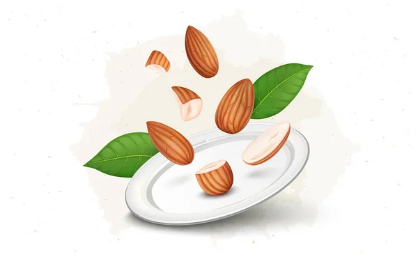 Fresh Almond Nuts Green Leaves Air Vector Illustration — Stockvector