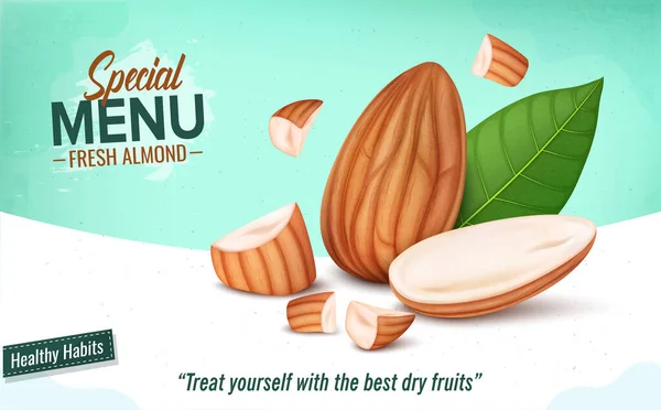 Brown Almond Nuts Pieces Green Leaf Vector Illustration — Vector de stock