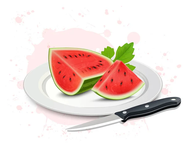 Half Pieces Watermelon Fruit Vector Illustration Watermelon Fruit Slice Knife — Archivo Imágenes Vectoriales
