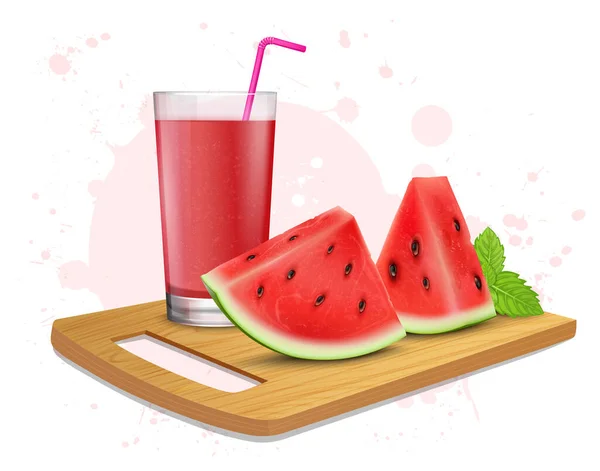 Watermelon Fruit Pieces Vector Illustration Glass Watermelon Juice Wooden Chopping — Vetor de Stock