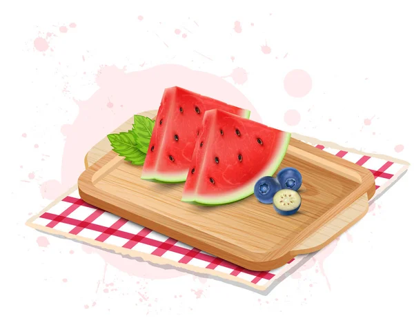 Watermelon Fruit Slices Green Leaves Blueberry Vector Illustration Wooden Chopping — Stockvektor