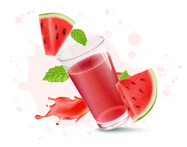 Vector Illustration Watermelon Juice Watermelon Fruit Slices Mint Leaves — Stock Vector