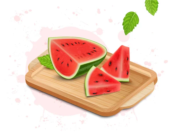 Half Piece Slices Watermelon Fruit Vector Illustration Wooden Chopping Board — Stock Vector