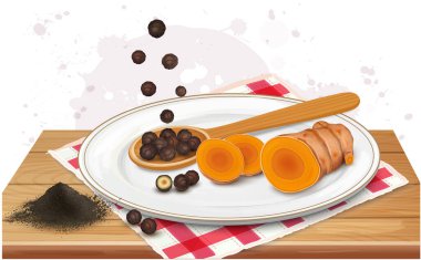 Karabiber tohumu ve toz içeren zerdeçal kök vektör çizimi