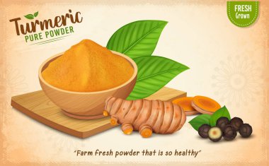 Tahta üzerinde zerdeçal tozu ve karabiber tohumu bulunan zerdeçal kök vektör çizimi