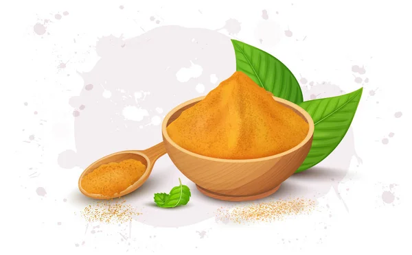 Turmeric Power Wooden Bowl Turmeric Leaves Vector Illustration — стоковый вектор