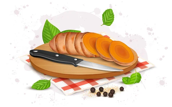 Turmeric Root Slices Vector Illustration Mint Leaves Wound Wooden Chopping — Stockvektor