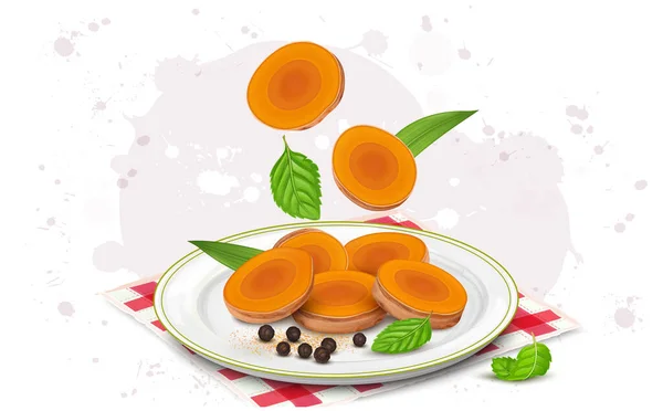 Turmeric Slices Vector Illustration Mint Leaves Black Pepper Seeds — Vector de stock