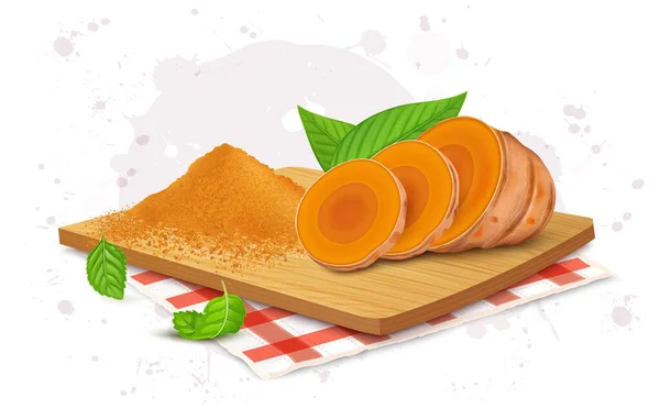 Turmeric Root Slices Vector Illustration Turmeric Powder Wooden Chopping Board — Διανυσματικό Αρχείο