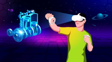 Visualising and Experiencing 3D model of a Two Cylinder Diesel Engine in Virtual Reality-Vector Illustration 