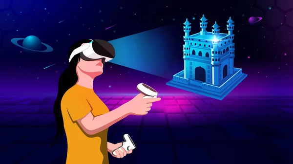 Visualizing Experimenting Model Charminar Indian Monument Virtual Reality Vector Illustration — Wektor stockowy