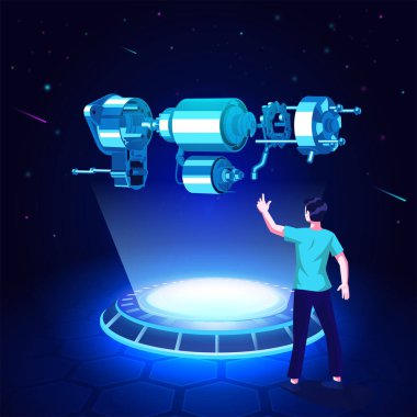 Visualising and Experiencing 3D model of an Exploded view of Turbine as a Hologram-Vector Illustration