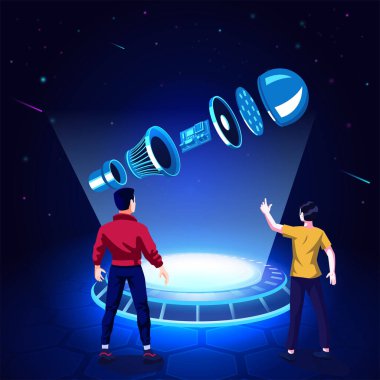 Visualising and Experiencing a 3D model of an exploded electric light bulb as a Hologram-Vector Illustration
