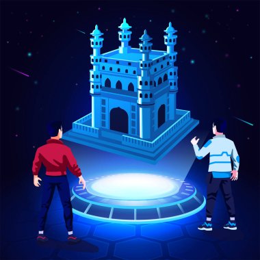 Visualising and Experiencing a 3D model of a Charminar Indian Monument as a Hologram-Vector Illustration