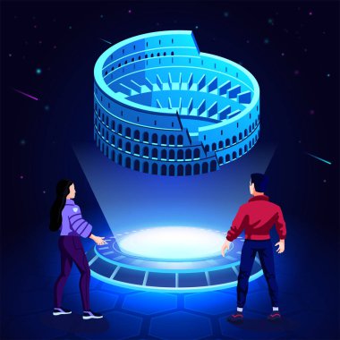Visualising and Experiencing a 3D model of a Colosseum monument as a Hologram-Vector Illustration