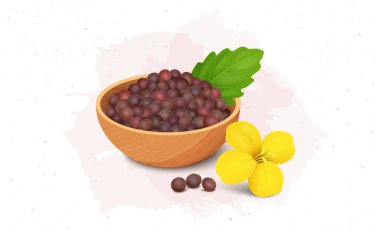 A Wooden Bowl full of Red mustard seeds with yellow flowers and green leaf