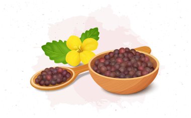 A wooden bowl and a spoon full of mustard seed with seed plant yellow flower vector illustration