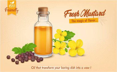 Red Mustard Seeds with mustard oil bottle and yellow flower isolated on brown background