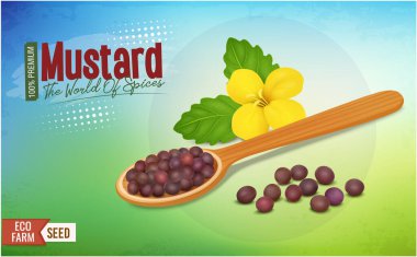 Red Mustard Seed vector illustration with mustard plant flower on green and blue background