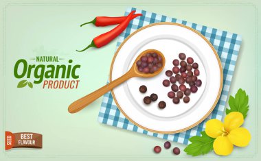 Mustard Seeds vector illustration with yellow flower and red chilli from the top view