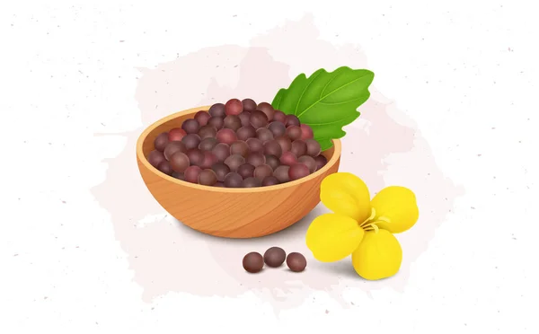 Wooden Bowl Full Red Mustard Seeds Yellow Flowers Green Leaf — Vetor de Stock