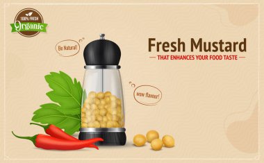 Yellow Mustard seeds in grinder crusher bottle with red chilli and green leaves vector illustration