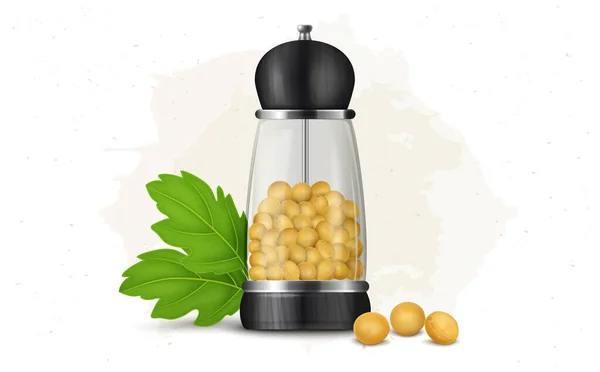 Glass Pepper Mill Peppercorns Green Leaves Vector Illustration — Archivo Imágenes Vectoriales