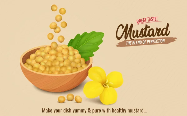 Wooden Bowl Full Mustard Seed Mustard Seed Flower Vector Illustration — Vector de stock