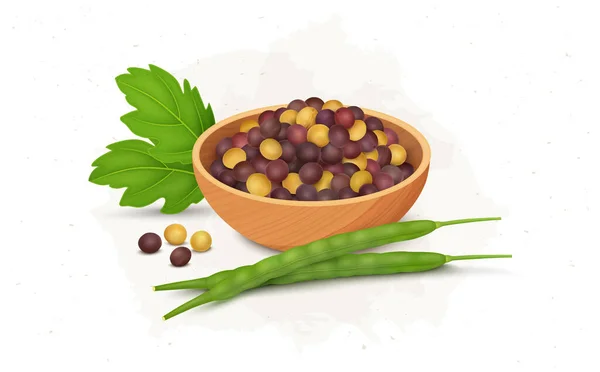 Wooden Bowl Full Mustard Seed Mustard Plant Beans Green Leaf — Wektor stockowy