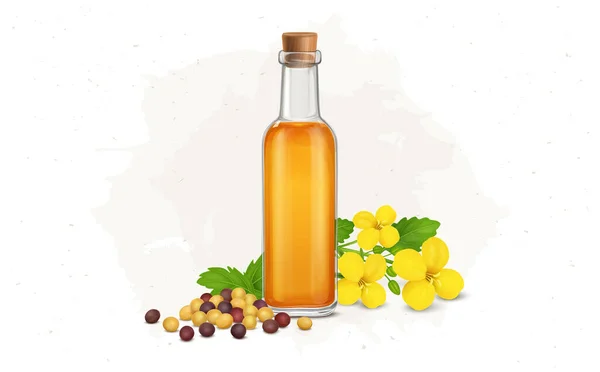 Mustard Oil Bottle Mustard Seeds Flower Vector Illustration — Stockvektor