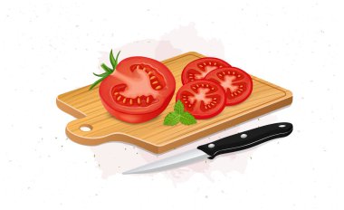 Half  Piece of tomato vegetable vector illustration with round slices of tomato and knife