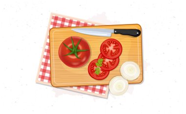 Tomato vegetable vector illustration with tomato and online slices on wooden chopping board from the top view