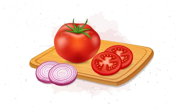 Vector Illustration Red Tomato Vegetable Tomato Onion Slices Wooden Chopping — Stok Vektör