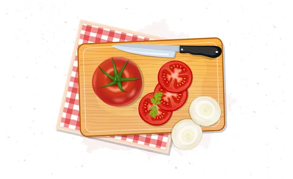 Tomato Vegetable Vector Illustration Tomato Online Slices Wooden Chopping Board — 图库矢量图片