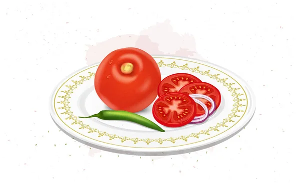 Tomato Vegetable Vector Illustration Slices Tomato Green Chilli — 图库矢量图片