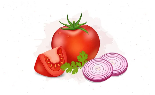 Ντομάτα Λαχανικών Διανυσματική Απεικόνιση Φέτες Ντομάτας Και Κομμάτια Κρεμμυδιού — Διανυσματικό Αρχείο