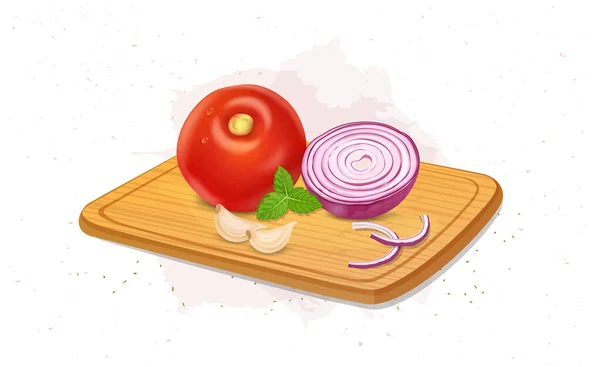 Tomato Vector Illustration Half Piece Onion Garlic Cloves — Vector de stock