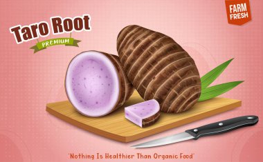 Taro Root Vegetable vector illustration with half piece of taro root on a wooden chopping board