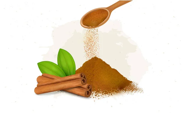 Cinnamon Sticks Cinnamon Powder Green Leaves Vector Illustration — Vector de stock