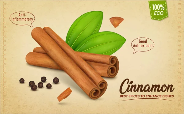 Cinnamon Sticks Vector Illustration Green Leaves Brown Background — Vector de stock