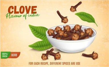 A Bowl Full of Dired cloves vector illustration with green leaves isolated on brown background