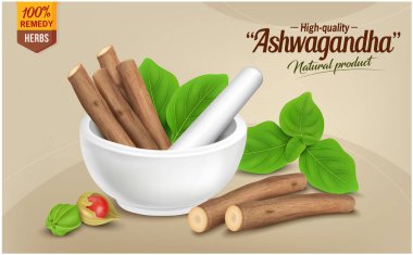 Ashwagandha Marble Havan veya ayurvedic ezici vektör ilüstrasyon yeşil yapraklı kuru çubuklar