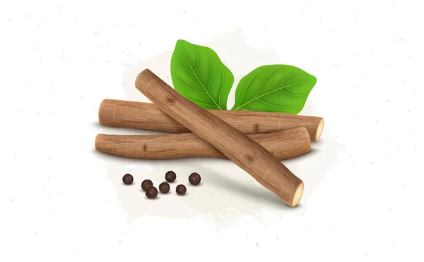 Ashwagandha Root Palos Secos Con Hojas Verdes Pimienta Negro Vector — Vector de stock