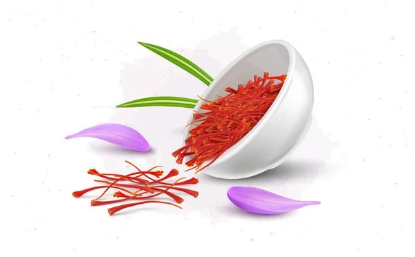 Dry Saffron Stamens White Bowl Vector Illustration Flower Petals — Stock Vector