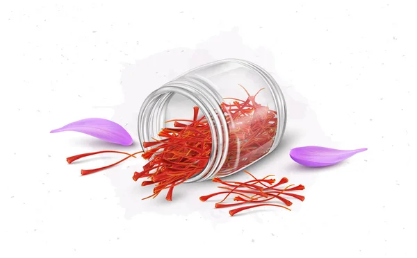 Dry Saffron Stamens Falling Glass Jar Saffron Flower Petals Vector — Stock Vector