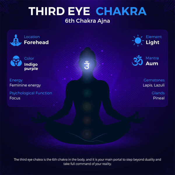 Third Eye Chakra, Ajna Symbol Location and Position in human body-vector illustration
