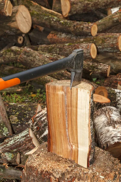 A special axe for splitting wood is stuck into the log. The axe splits the log for drying and subsequent preparation for heating scrap in winter.